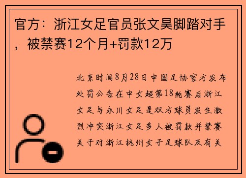 官方:浙江女足官员张文昊脚踏对手,被禁赛12个月+罚款12万 官方:浙江女足官员张文昊脚踏对手,被禁赛12个月+罚款12万
